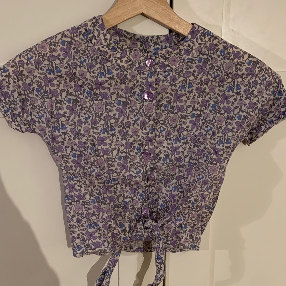 Floral Purple Button Down Tie-Waist Kids Shirt